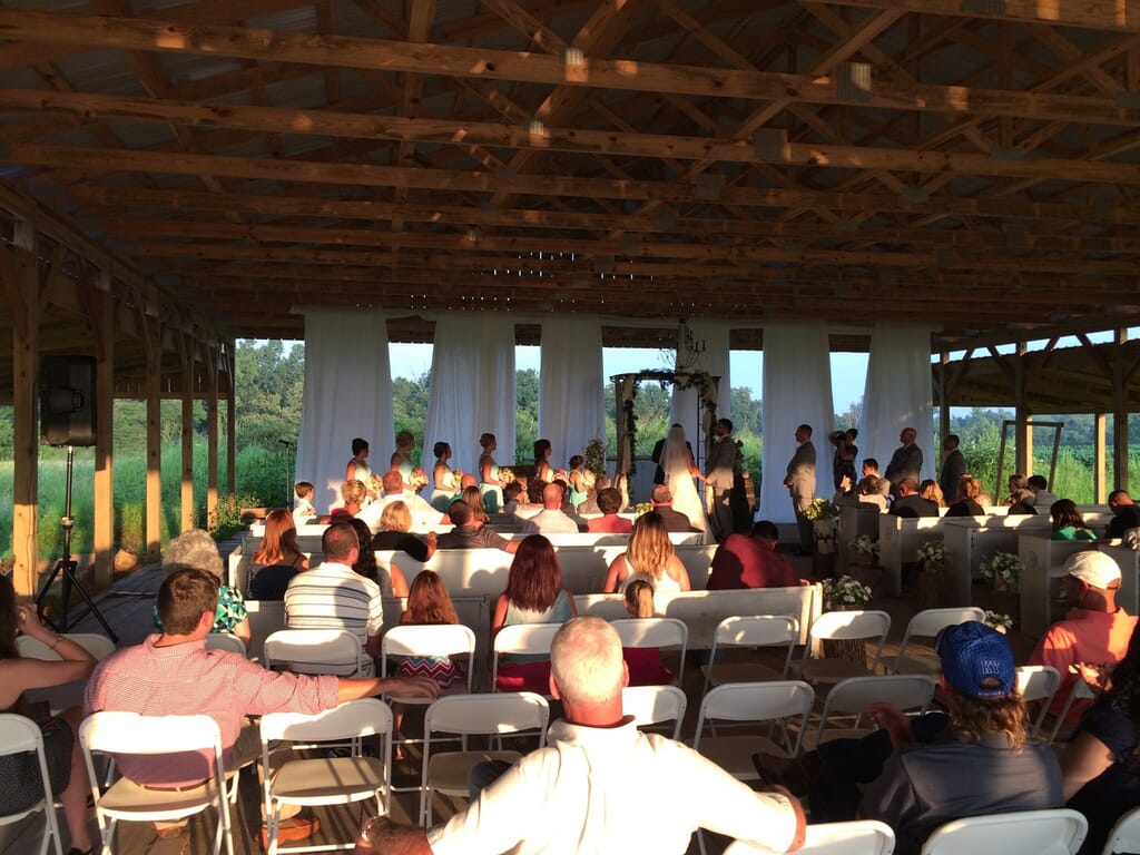 Burdoc Farms Wedding DJ | Crofton KY Wedding DJ & MC 14 Burdoc Farms wedding DJ ceremony audio setup in the evening pavilion