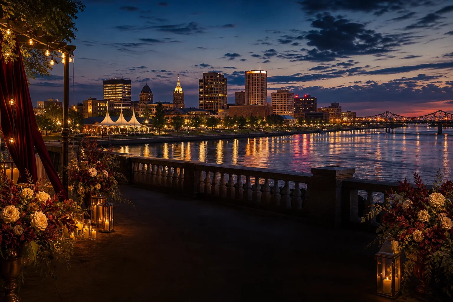 City skyline at twilight across a river, viewed from a decorated stone balcony with floral arrangements and candle lanterns.
