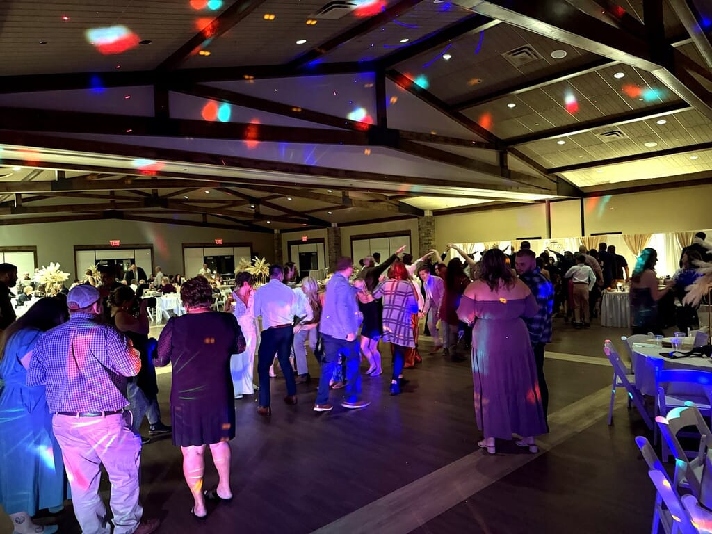 Evansville’s Premier Wedding DJ & MC 8 Dance floor lighting at a Friedman Park wedding reception in Evansville
