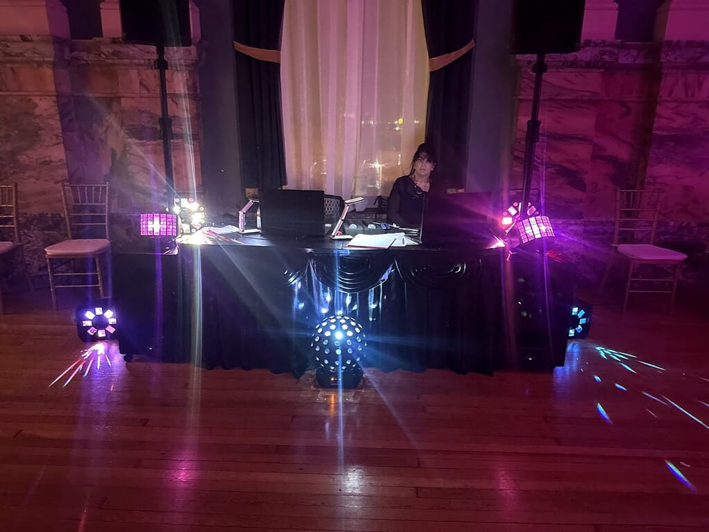 Evansville’s Premier Wedding DJ & MC 9 Crunk DJ setup with uplighting at the Old Courthouse in Evansville
