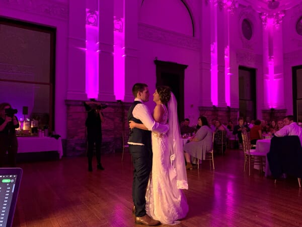 Evansville’s Premier Wedding DJ & MC 1 First dance with colorful uplighting at the Old Courthouse in Evansville