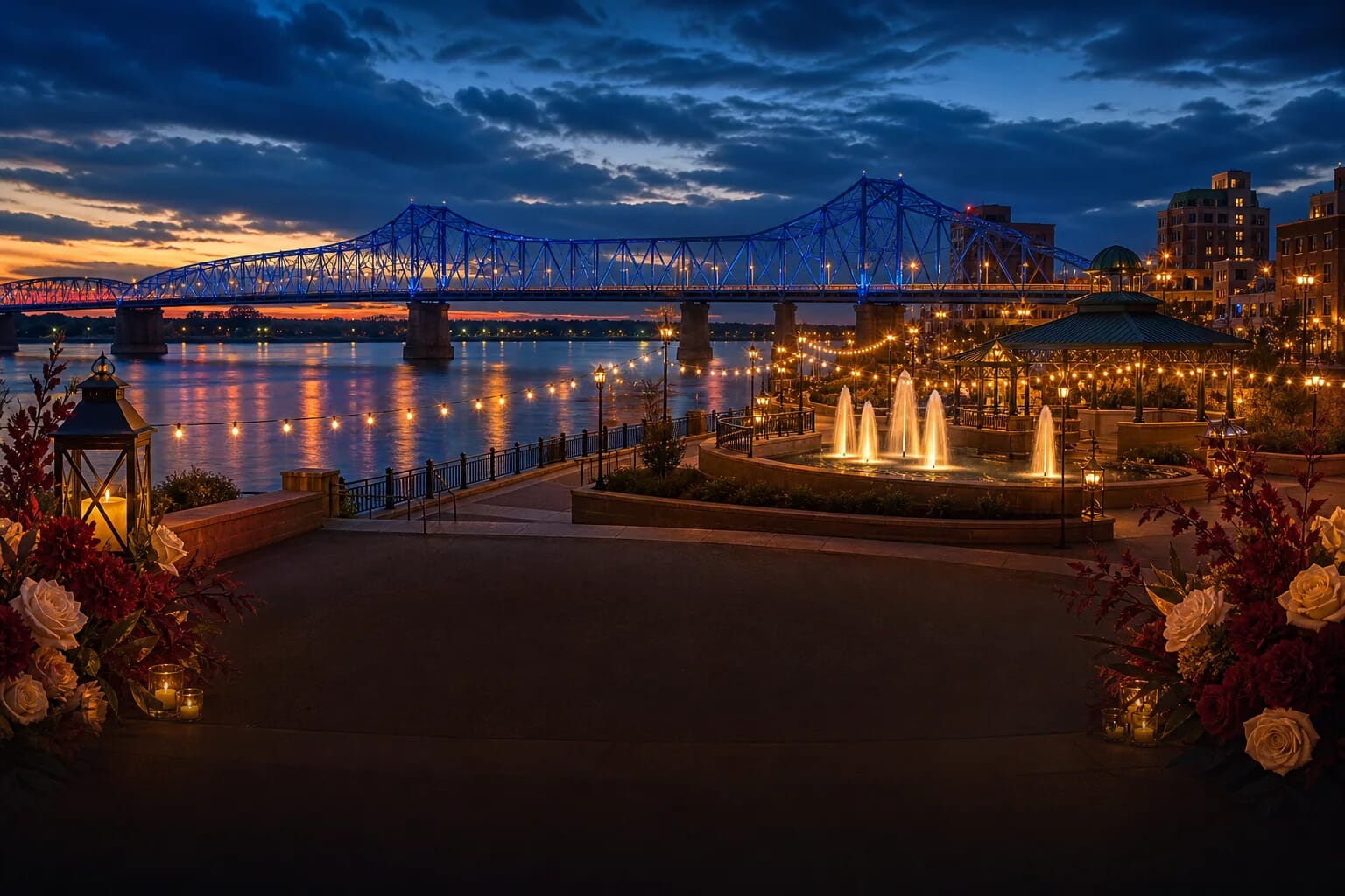 Evening view of a waterfront park with a fountain, string lights, and a glowing bridge over the river.