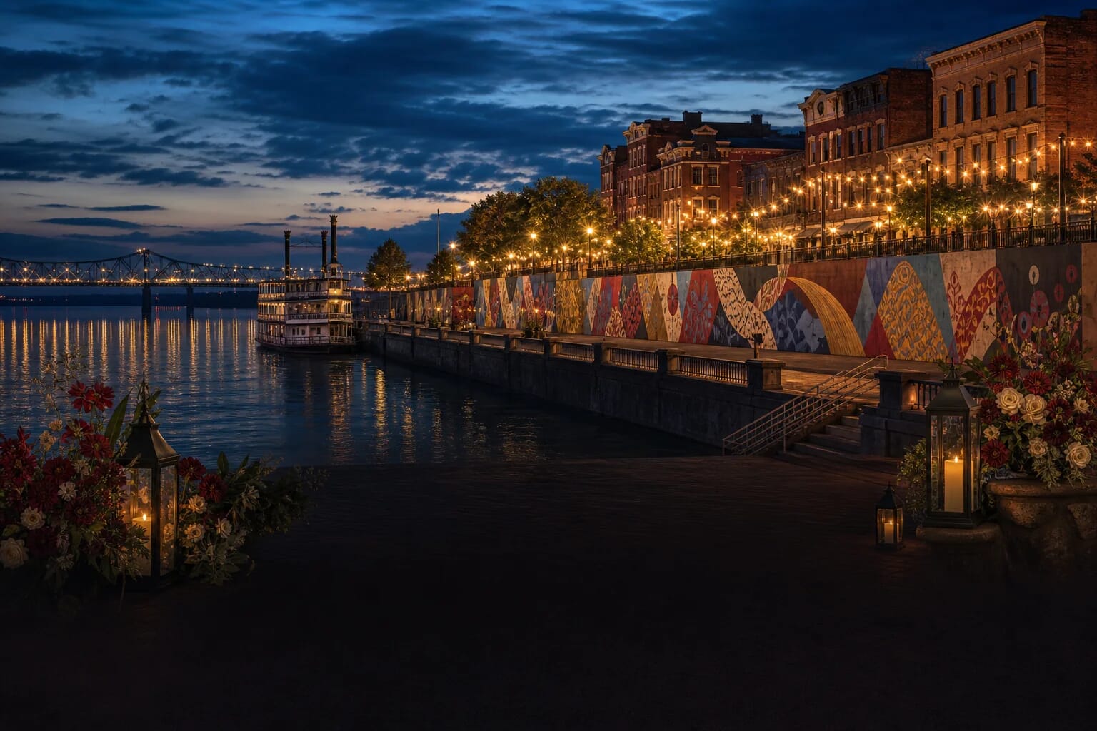 Riverfront at twilight with a paddlewheel boat, illuminated murals, string lights, and candlelit flower arrangements.