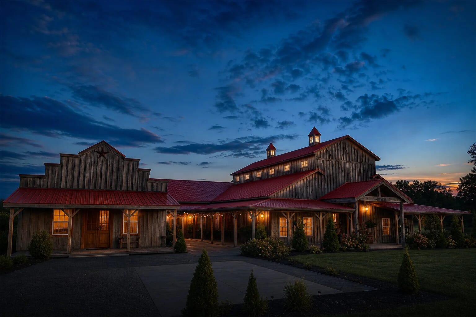 Black Horse Barn wedding venue in Lynnville Indiana at twilight