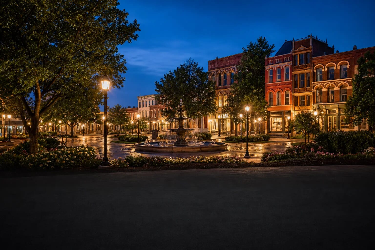Bowling Green Kentucky Fountain Square wedding atmosphere at twilight