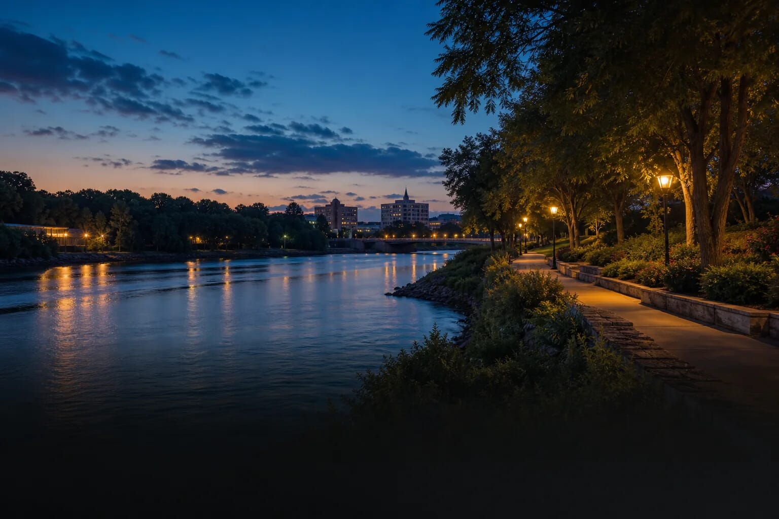 A riverfront path illuminated by streetlamps at dusk, with buildings visible in the distance across the water.