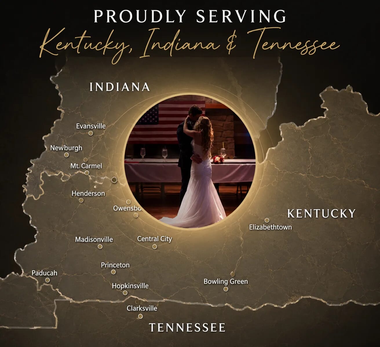 Map of Kentucky, Indiana, and Tennessee marking service areas, featuring a circular inset of a wedding couple dancing.