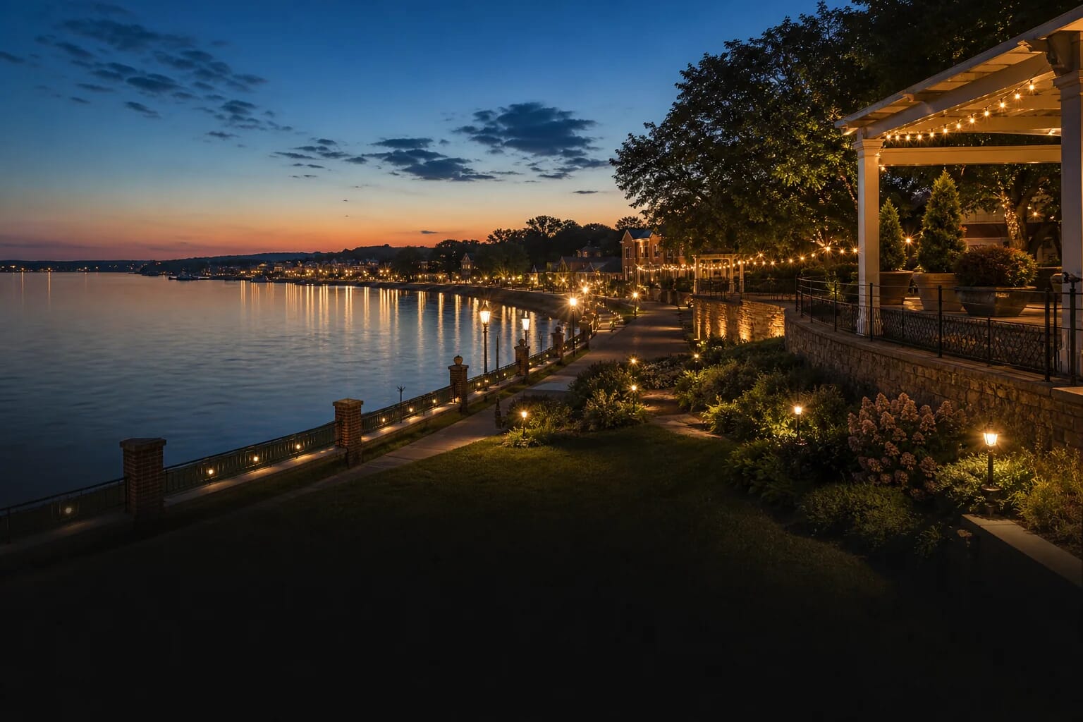 A sunset view of a stone-lined riverfront walkway illuminated by lanterns, with a pergola on a patio to the right.